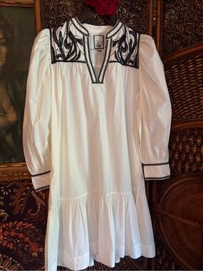 Scarlett Poppies White Embroidered Mini Dress S Boho Resort Puff Sleeve